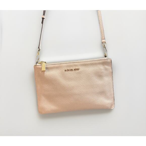 Michael Kors Adele Leather Crossbody Bag Pink Pebbled Gold Hardware Double Zip - Picture 1 of 12
